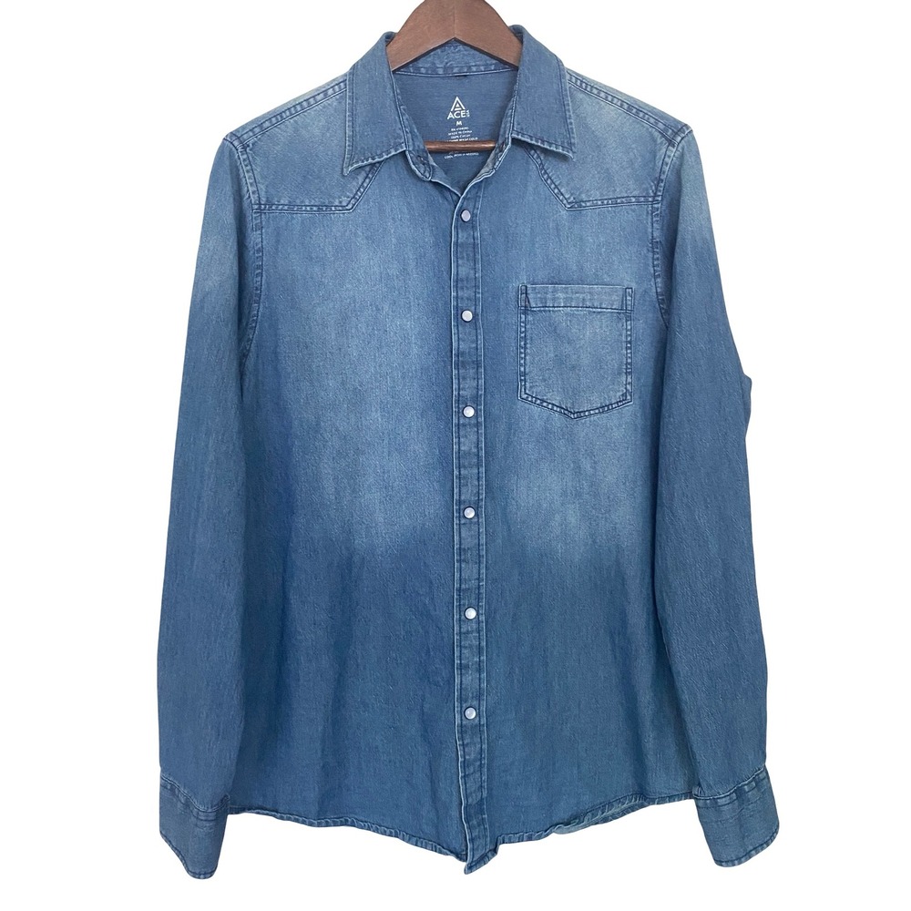 ACE USA Nashville Music City Mens Denim Western Shirt Size M Blue Pearl Snap